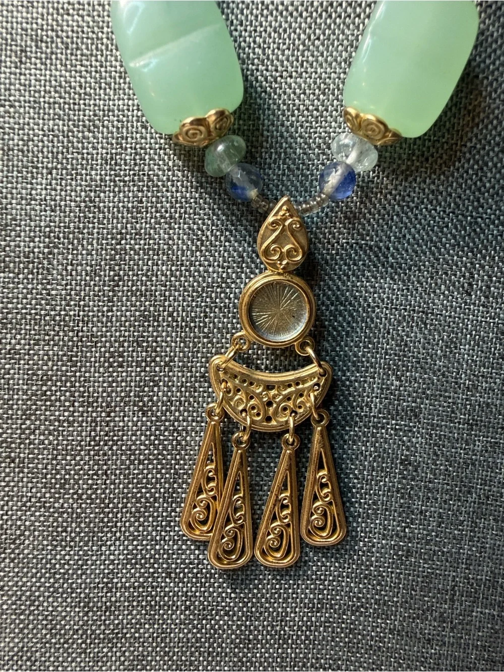 George Gold-Tone Filigree Pendant Necklace with Mint Green and Blue Glass Beads